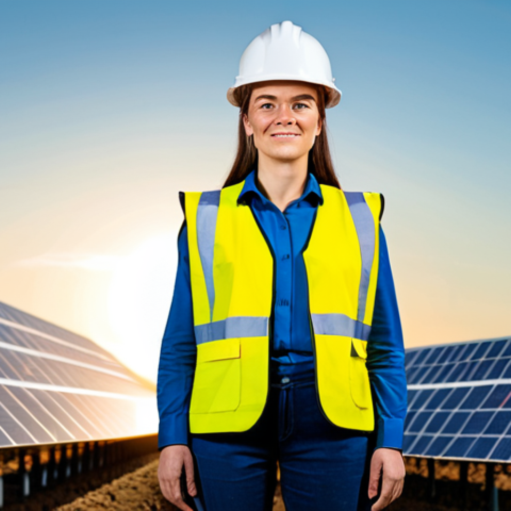 A professional female engineer, dressed in a modest and appropriate safety vest over professional work attire, wearing a hard hat, standing confidently at a large-scale solar farm at sunrise. In the background, rows of solar panels stretch towards the horizon under a clear sky, symbolizing renewable energy leadership. The image emphasizes innovation and determination. safe for work, appropriate content, fully clothed, professional dress, perfect anatomy, correct proportions, natural pose, well-formed hands, proper finger count, natural body proportions, professional photography, high quality, detailed.