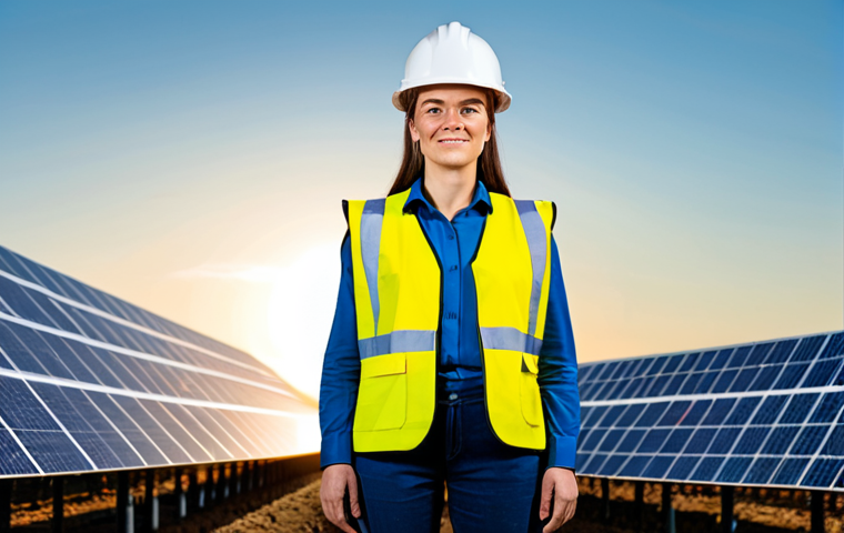 A professional female engineer, dressed in a modest and appropriate safety vest over professional work attire, wearing a hard hat, standing confidently at a large-scale solar farm at sunrise. In the background, rows of solar panels stretch towards the horizon under a clear sky, symbolizing renewable energy leadership. The image emphasizes innovation and determination. safe for work, appropriate content, fully clothed, professional dress, perfect anatomy, correct proportions, natural pose, well-formed hands, proper finger count, natural body proportions, professional photography, high quality, detailed.