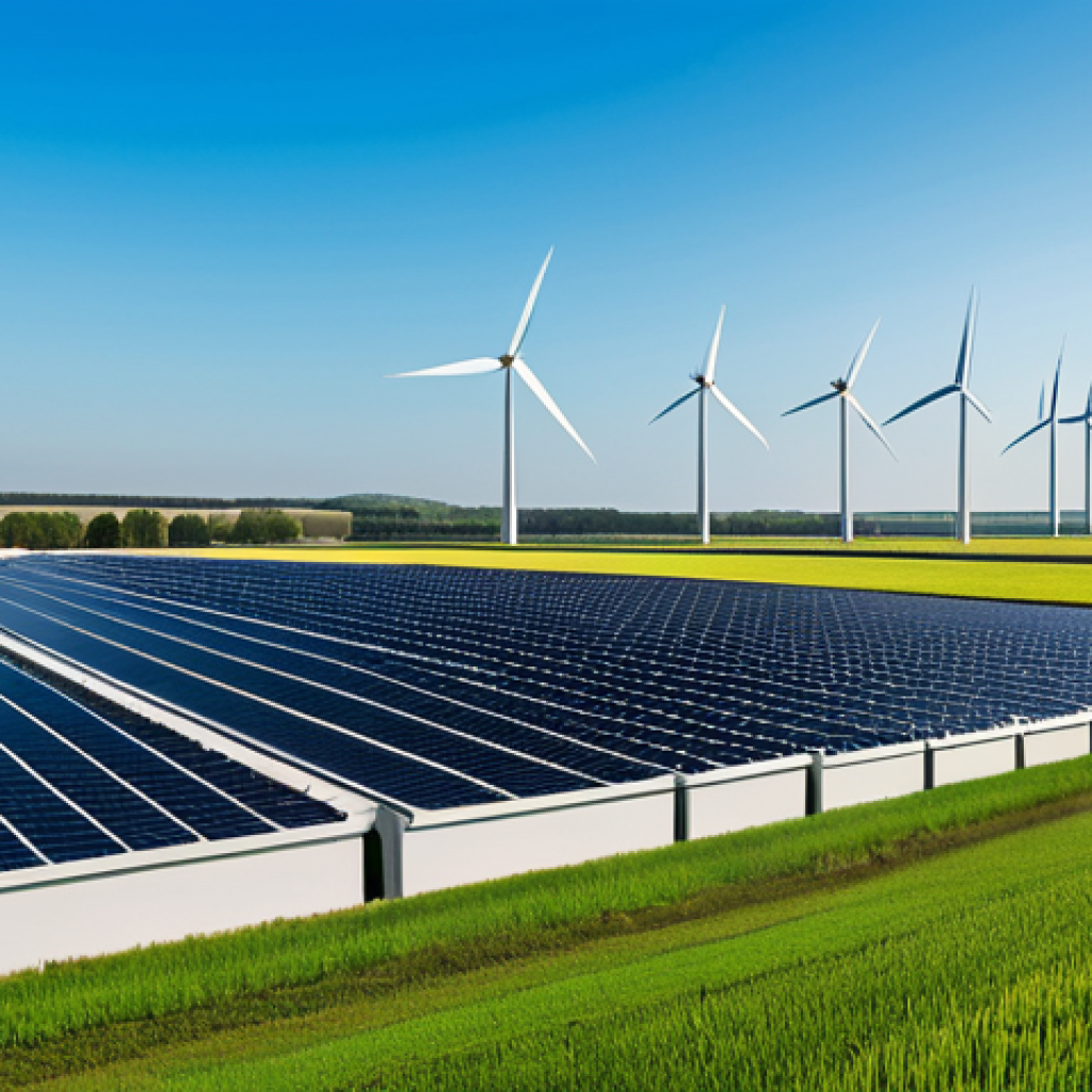 **

"A modern energy storage facility featuring rows of lithium-ion batteries, integrated with a wind turbine farm in the background. Green fields and clear skies. Focus on the technological aspects and environmental integration. Professional photography, perfect composition, high resolution, safe for work, appropriate content, fully clothed, professional."

**