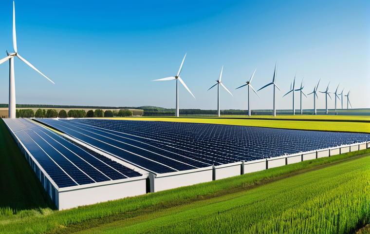 **

"A modern energy storage facility featuring rows of lithium-ion batteries, integrated with a wind turbine farm in the background. Green fields and clear skies. Focus on the technological aspects and environmental integration. Professional photography, perfect composition, high resolution, safe for work, appropriate content, fully clothed, professional."

**