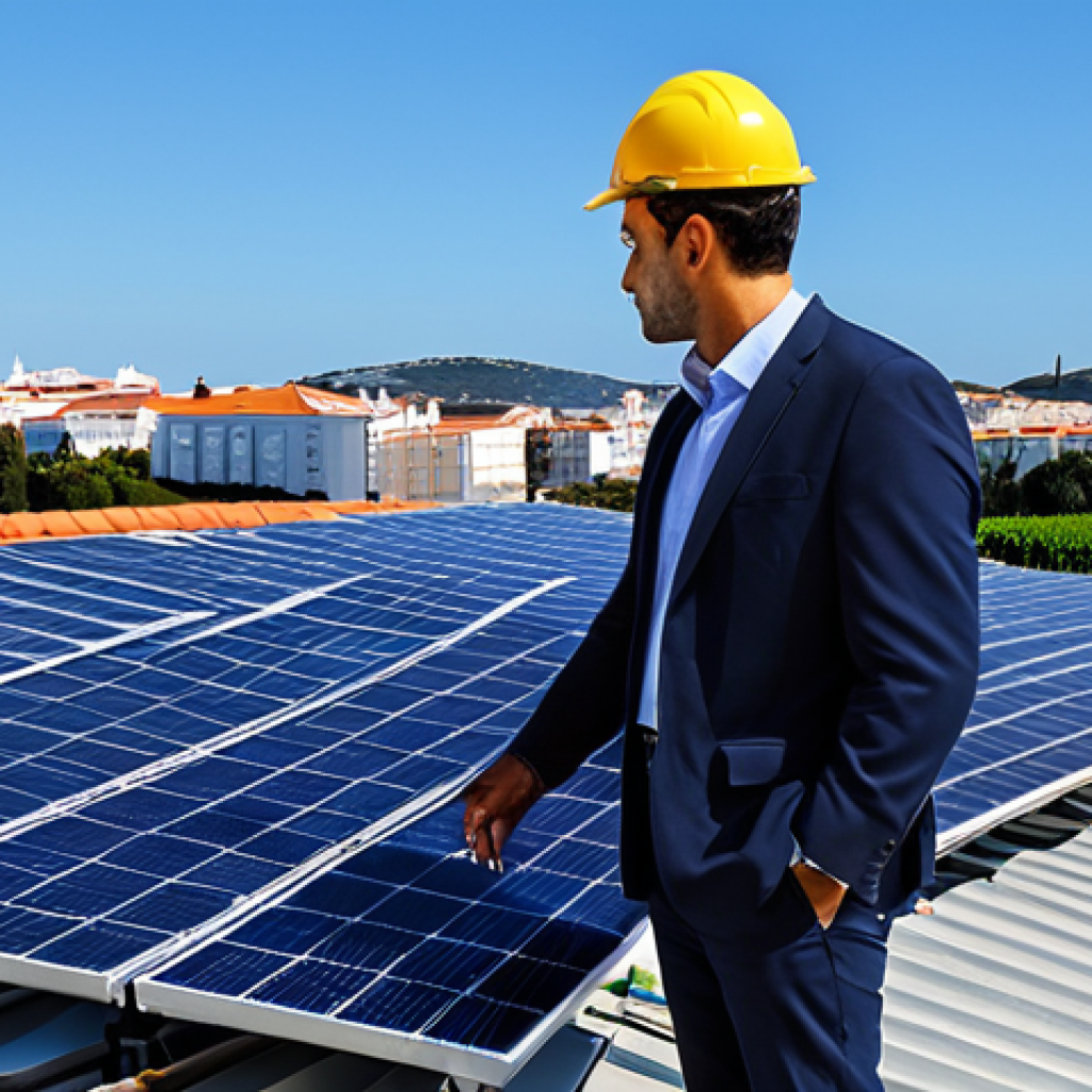 **

"A qualified energy engineer, fully clothed in appropriate professional attire (business casual), is inspecting solar panels on a rooftop installation in Portugal. The backdrop includes a clear blue sky and typical Portuguese architecture. Safe for work, appropriate content, modest, professional setting, perfect anatomy, natural proportions, well-formed hands."

**