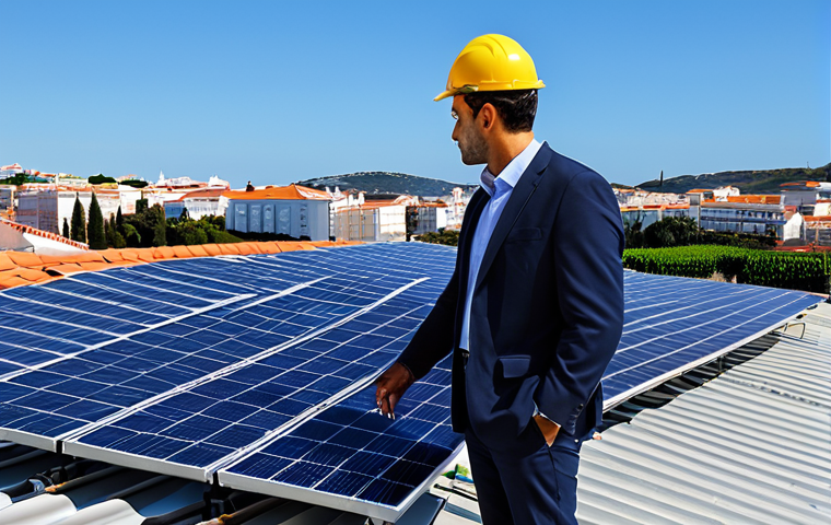 **

"A qualified energy engineer, fully clothed in appropriate professional attire (business casual), is inspecting solar panels on a rooftop installation in Portugal. The backdrop includes a clear blue sky and typical Portuguese architecture. Safe for work, appropriate content, modest, professional setting, perfect anatomy, natural proportions, well-formed hands."

**