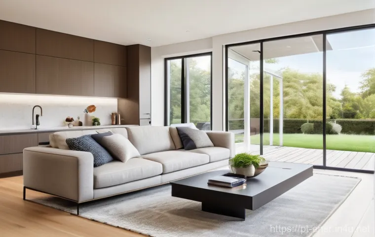 에너지기술과 스마트 그리드 - A vibrant, modern living room filled with natural light, where a family (parents and a teenaged chil...