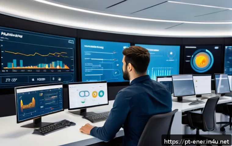 에너지 설비 관리 소프트웨어 비교 - A modern energy control room with large digital dashboards displaying real-time monitoring data of e...