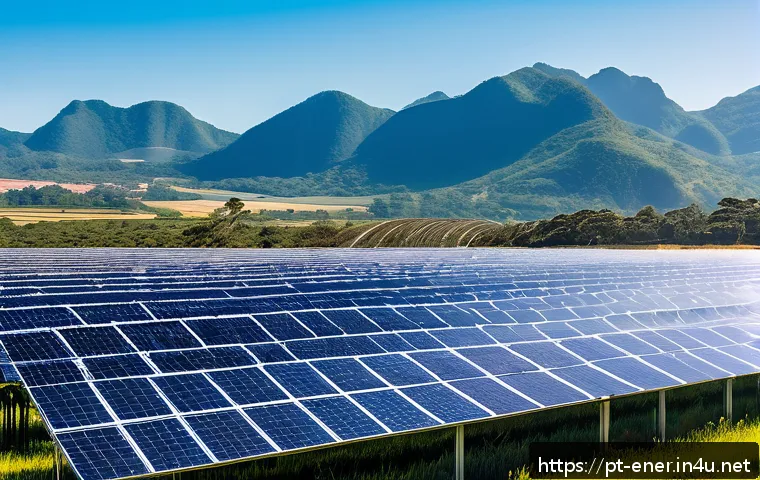 에너지기술 실습 시 알아둘 점 - A vibrant solar energy farm in a sunny Brazilian landscape, featuring rows of modern solar panels gl...