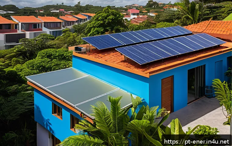 에너지기술 기초 이론 정리 - A modern Brazilian residential rooftop covered with sleek solar panels under a bright blue sky, surr...