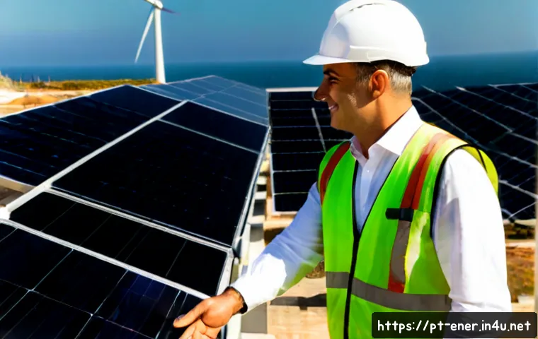 에너지기술자 이직 성공 사례 - Photorealistic career-success scene in Portugal: a confident middle-aged energy engineer wearing sma...